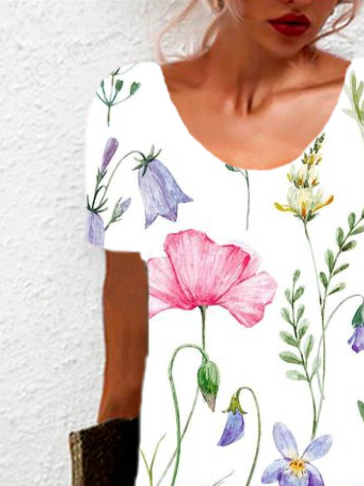 Floral Print Short Sleeve Crew Neck Dress