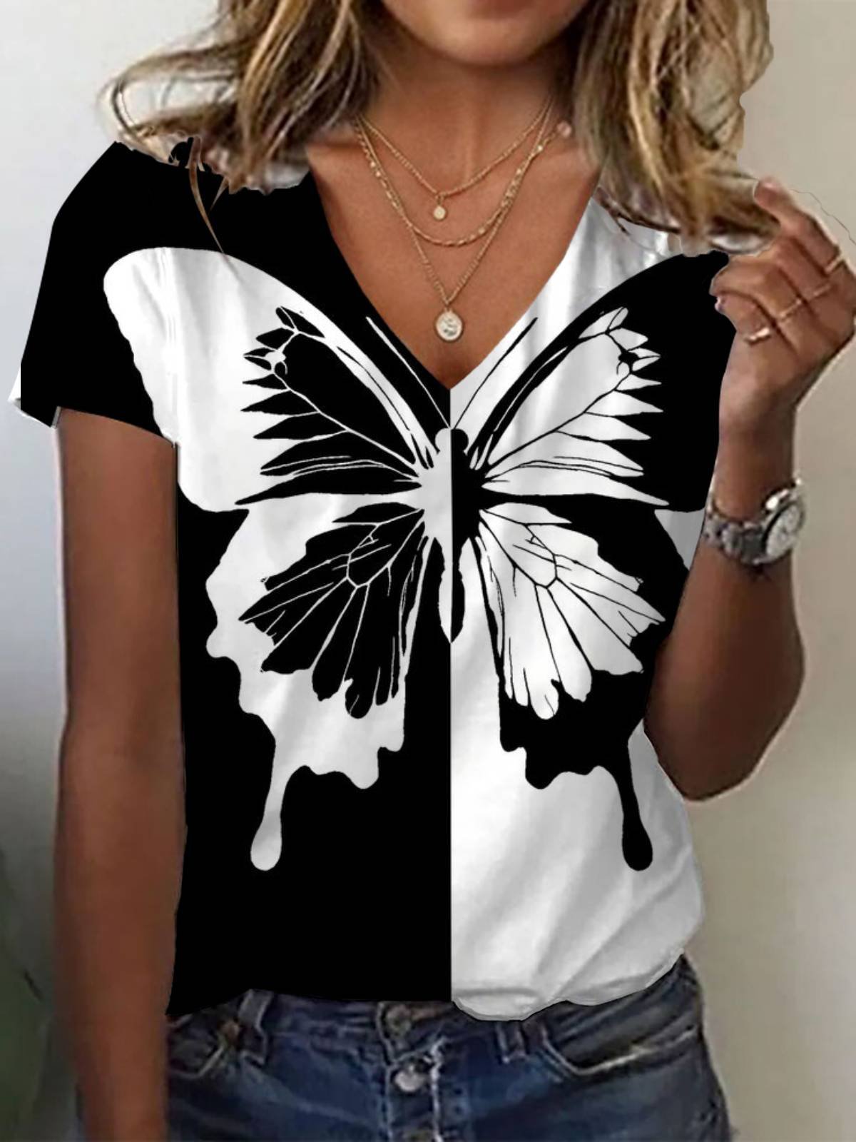 Butterfly Print Short Sleeve V-Neck T-Shirts