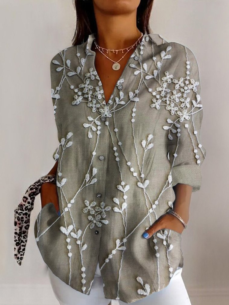 Embroidered plant flower long sleeved shirt