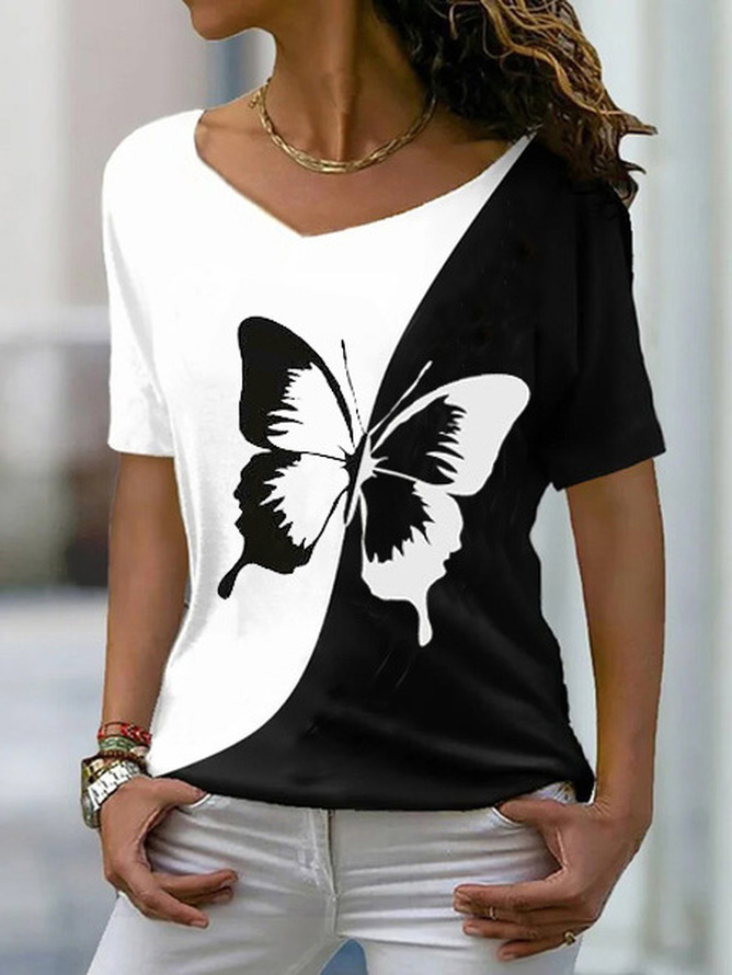 Butterfly Print Short Sleeve V-Neck T-Shirts