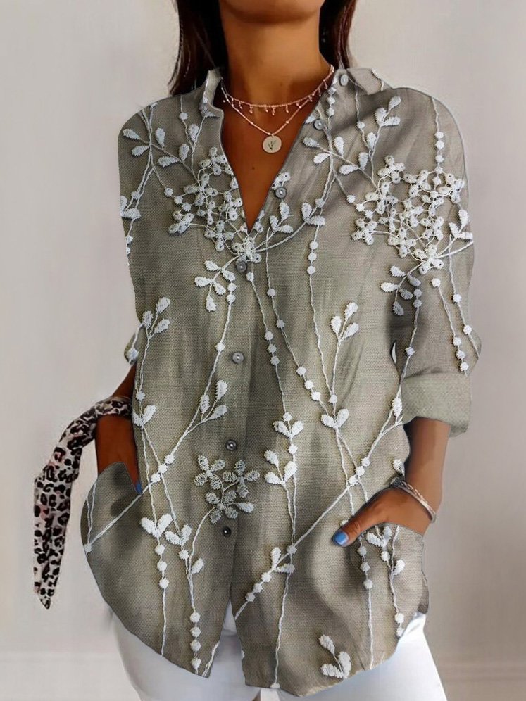 Embroidered plant flower long sleeved shirt