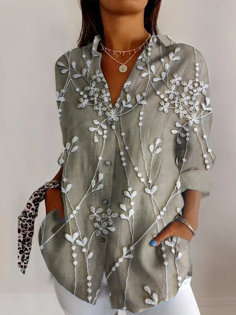 Embroidered plant flower long sleeved shirt