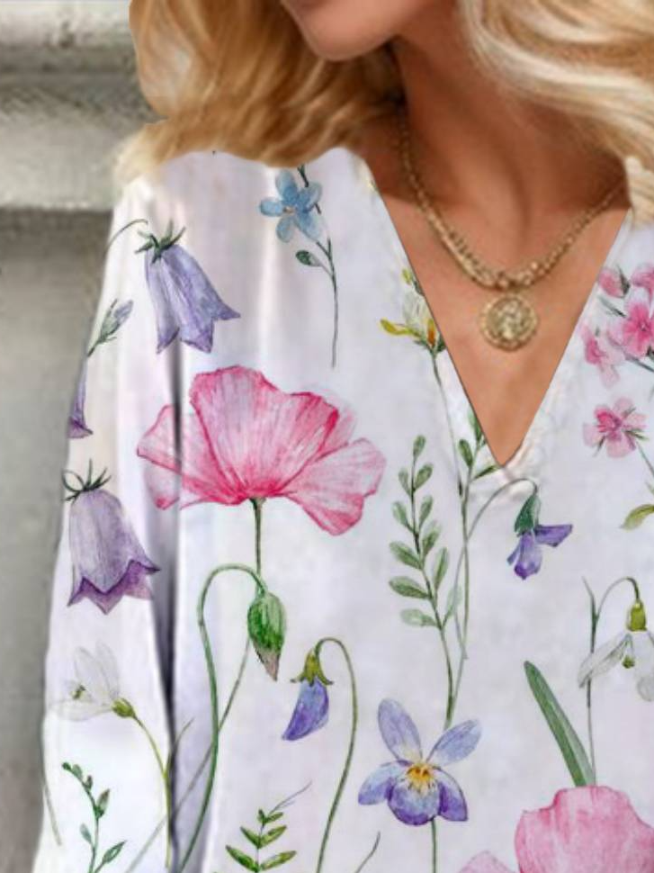 Floral Print Long Sleeve V-Neck Blouses