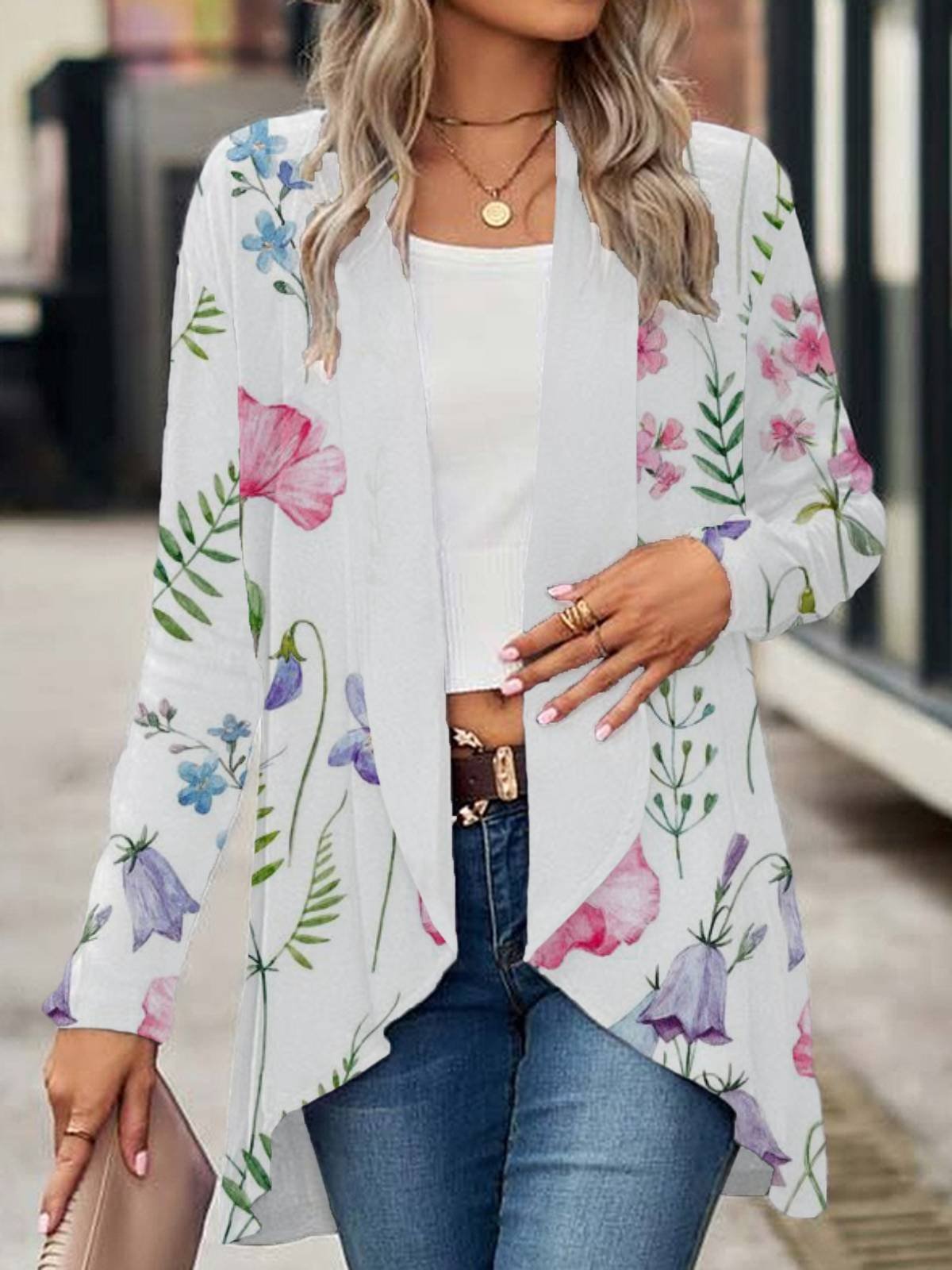 Floral Print Long Sleeve Shawl Jacket