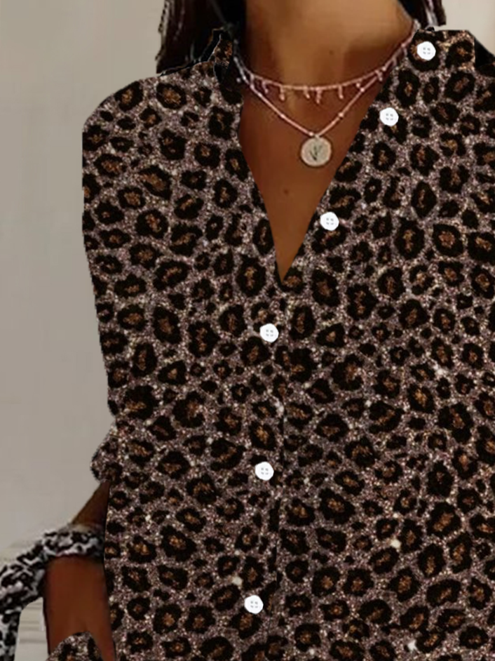 Women's Long Sleeve Shirt Spring/Fall Brown Leopard Shirt Collar Daily Going Out Casual Top