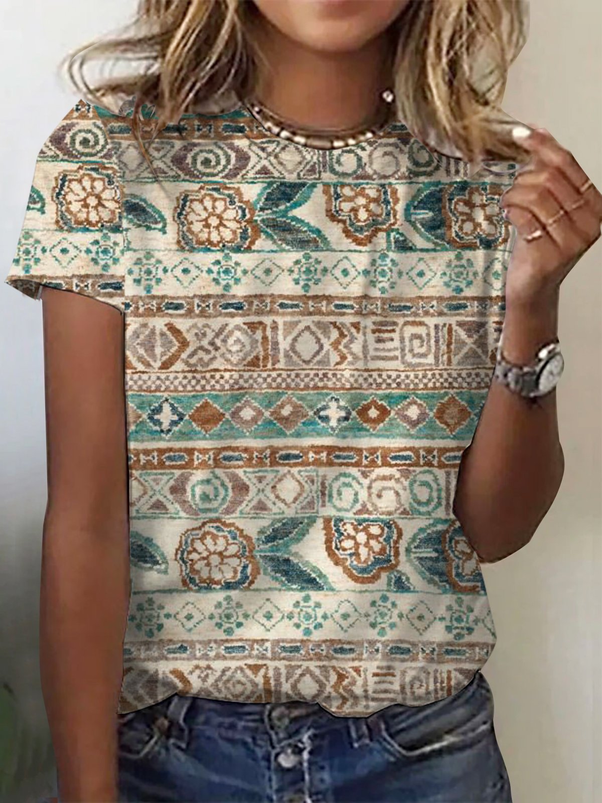 Ethnic Print Short Sleeve Crew Neck T-shirt