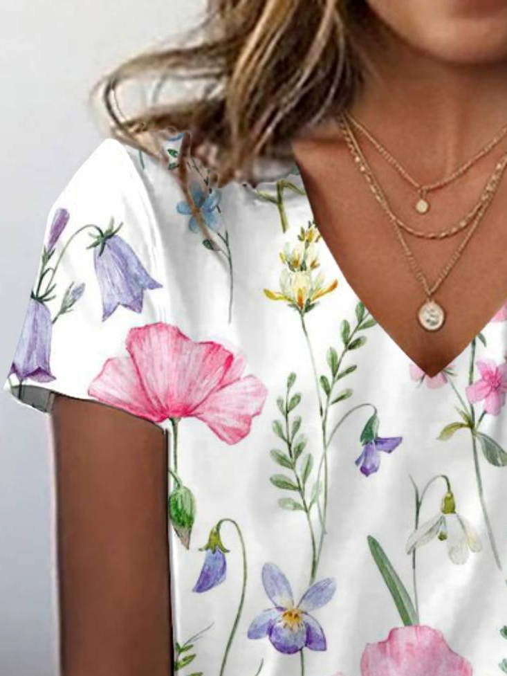 Floral Print Short Sleeve V-Neck T-shirt