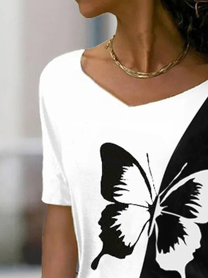 Butterfly Print Short Sleeve V-Neck T-Shirts