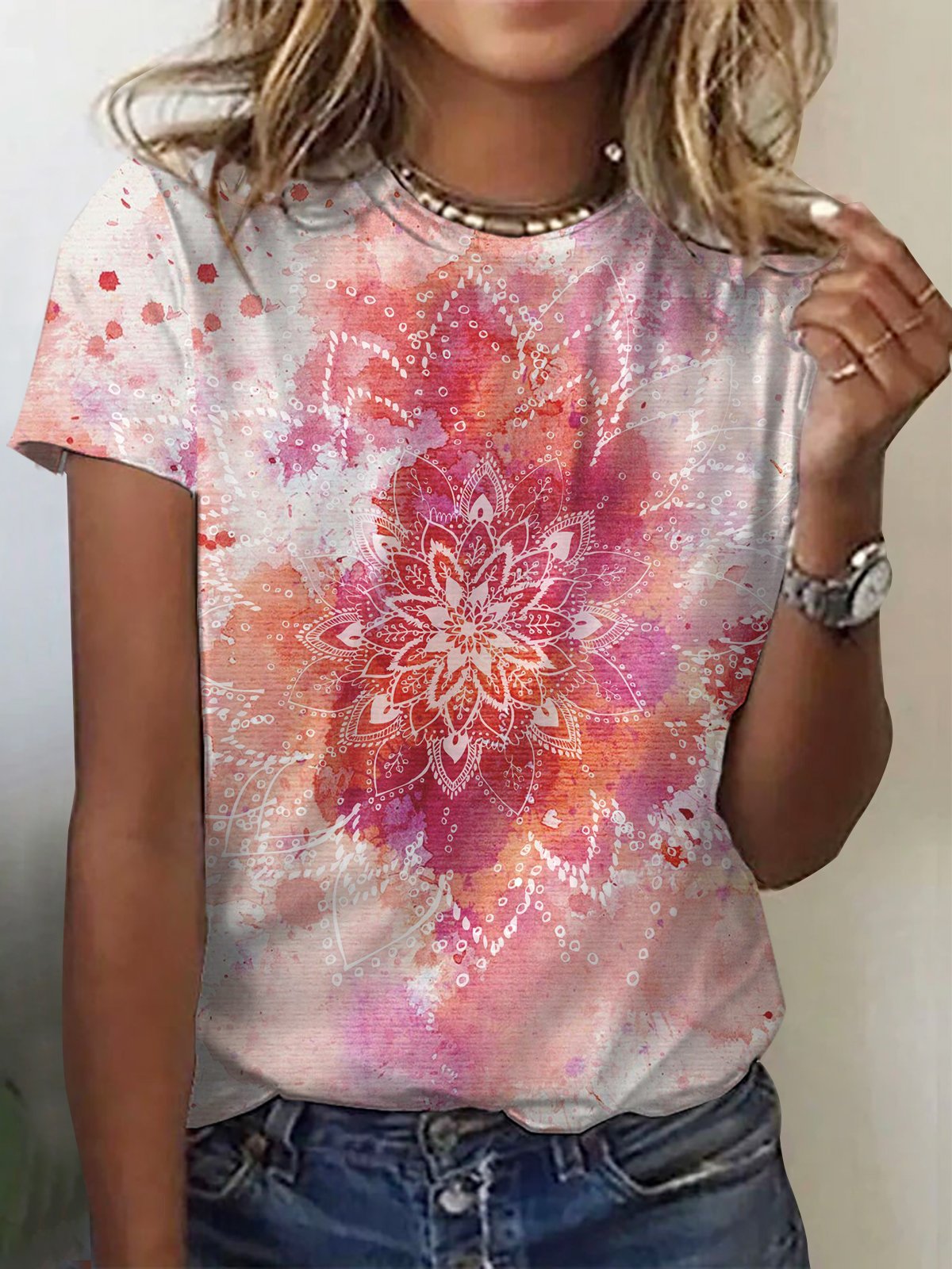 Ethnic Print Short Sleeve Crew Neck T-shirt