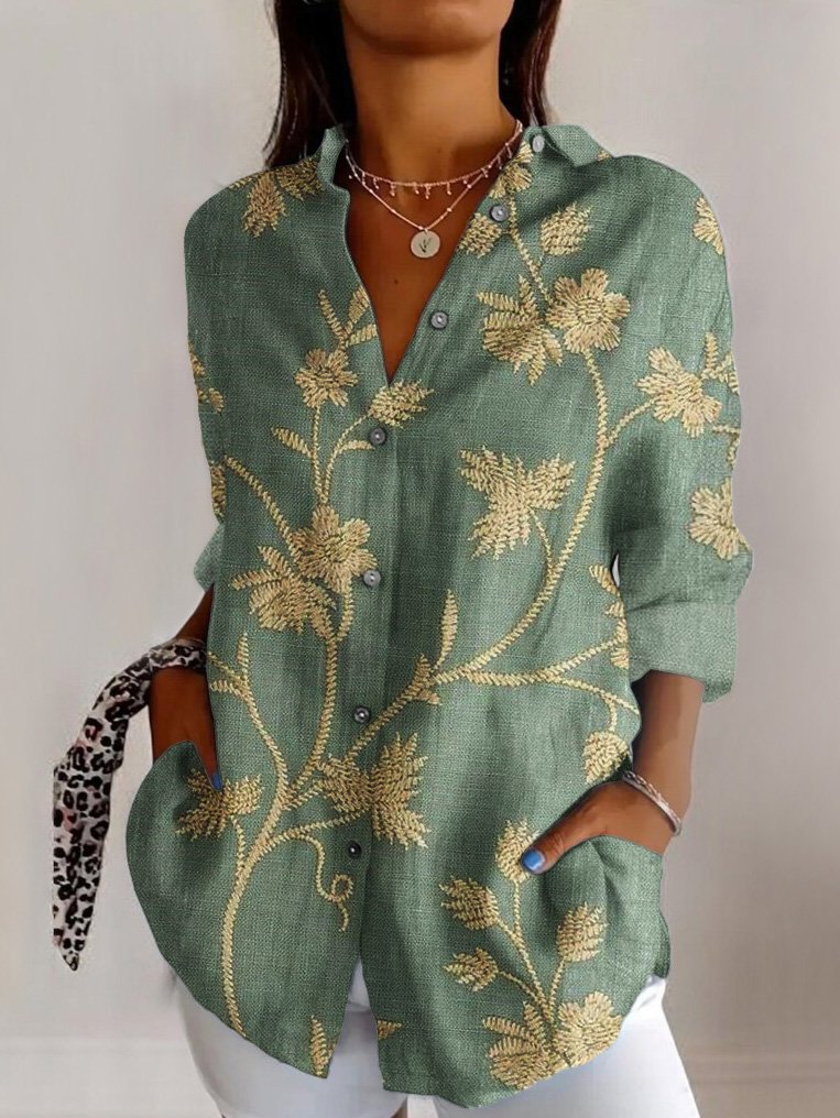 Retro floral embroidery casual long sleeved shirt