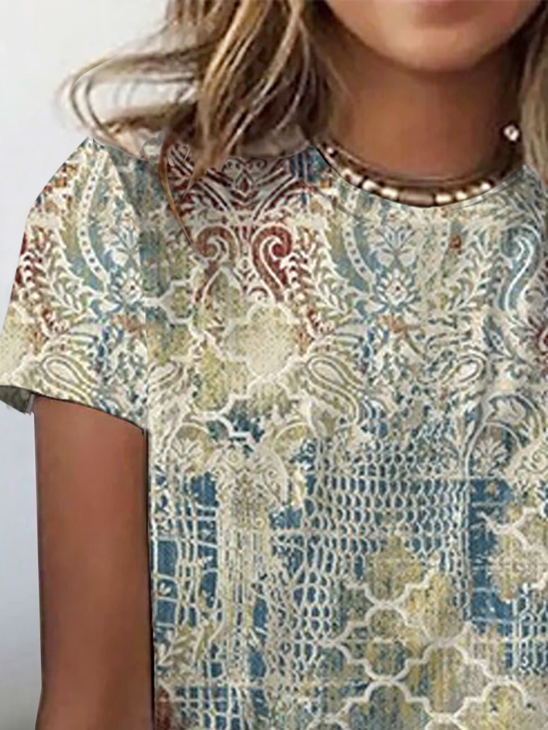 Ethnic Print Short Sleeve Crew Neck T-shirt