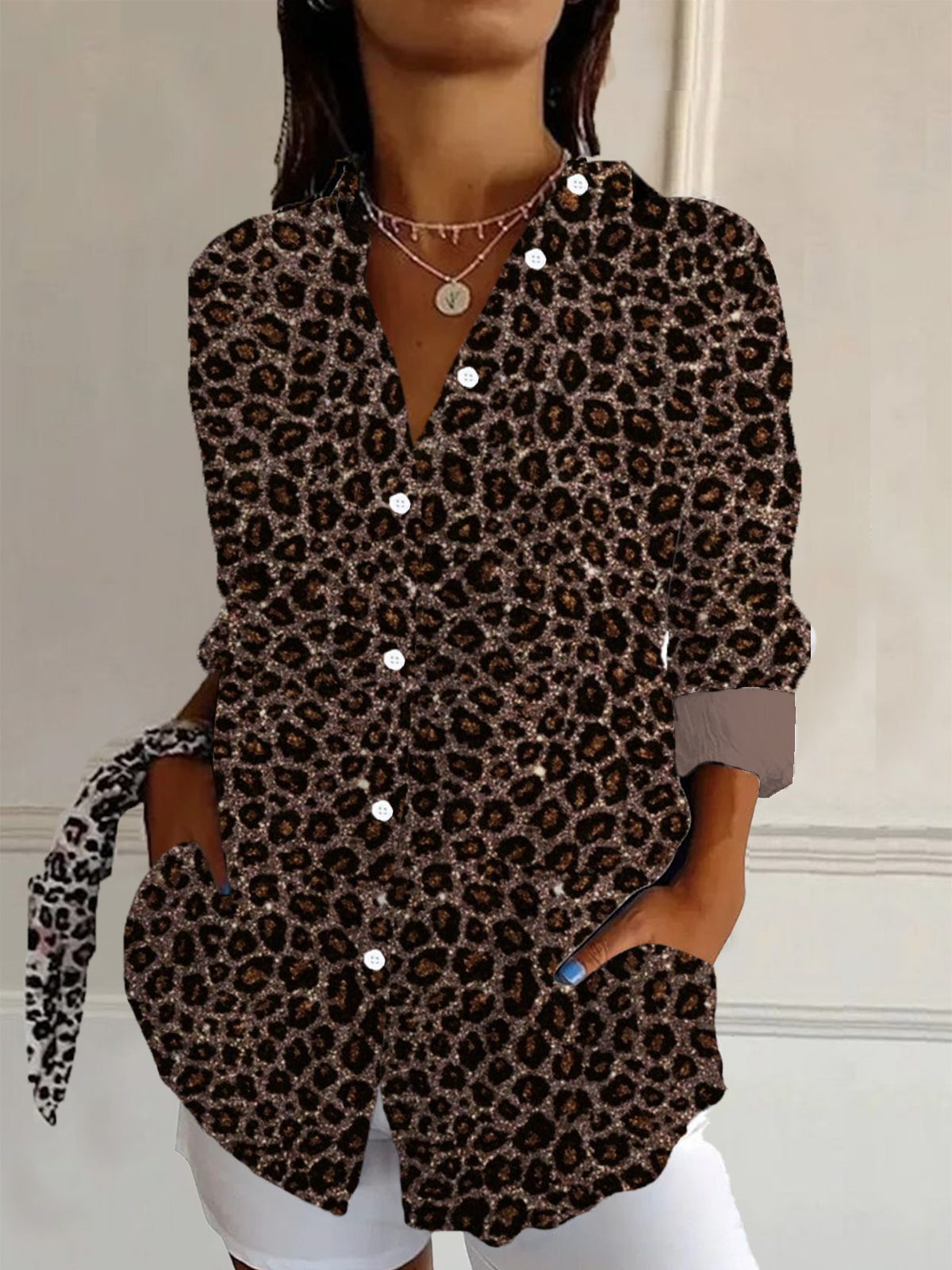 Women's Long Sleeve Shirt Spring/Fall Brown Leopard Shirt Collar Daily Going Out Casual Top