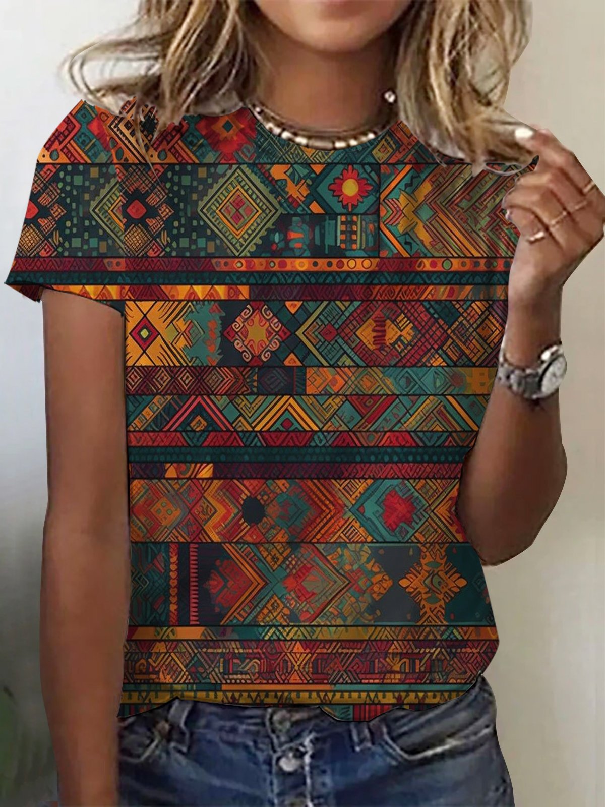 Ethnic Print Short Sleeve Crew Neck T-shirt