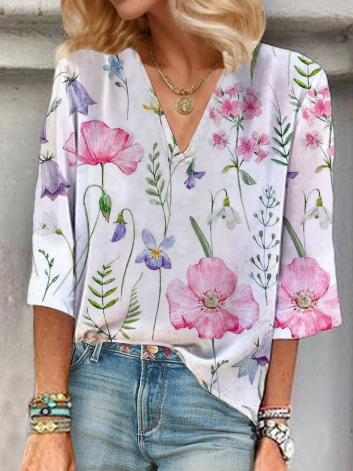 Floral Print Long Sleeve V-Neck Blouses