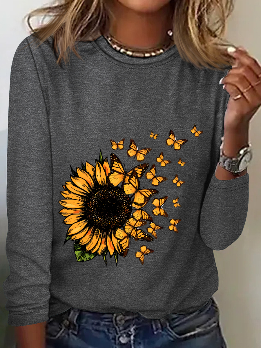 Cute Sunflower Butterfly Graphic Casual Long Sleeve Shirt