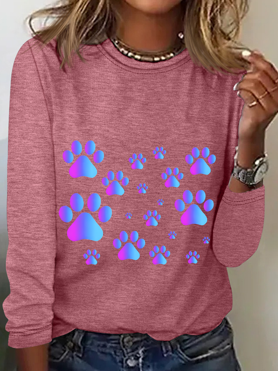 Purple Blue Ombre Pawprint Pattern Casual Long Sleeve Shirt