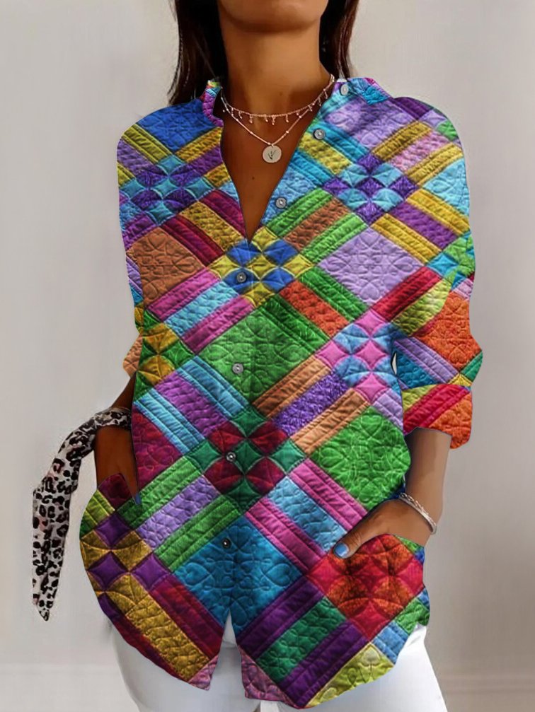 Colorful geometric plaid long sleeved shirt