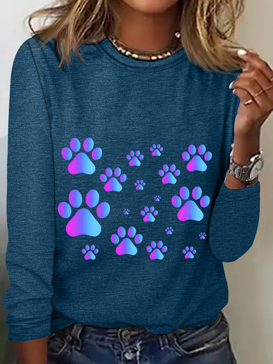 Purple Blue Ombre Pawprint Pattern Casual Long Sleeve Shirt