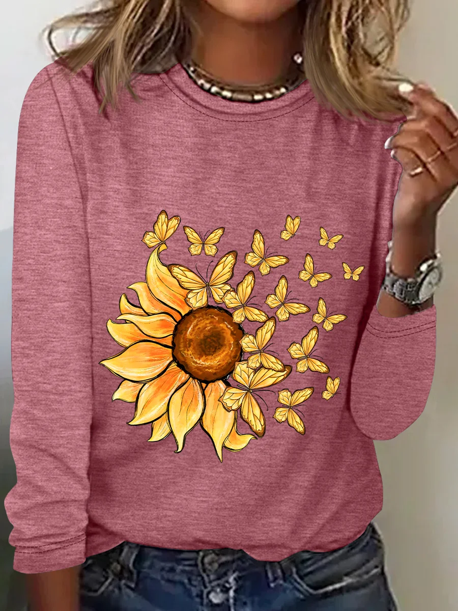 Sunflower Butterfly Casual Long Sleeve Shirt