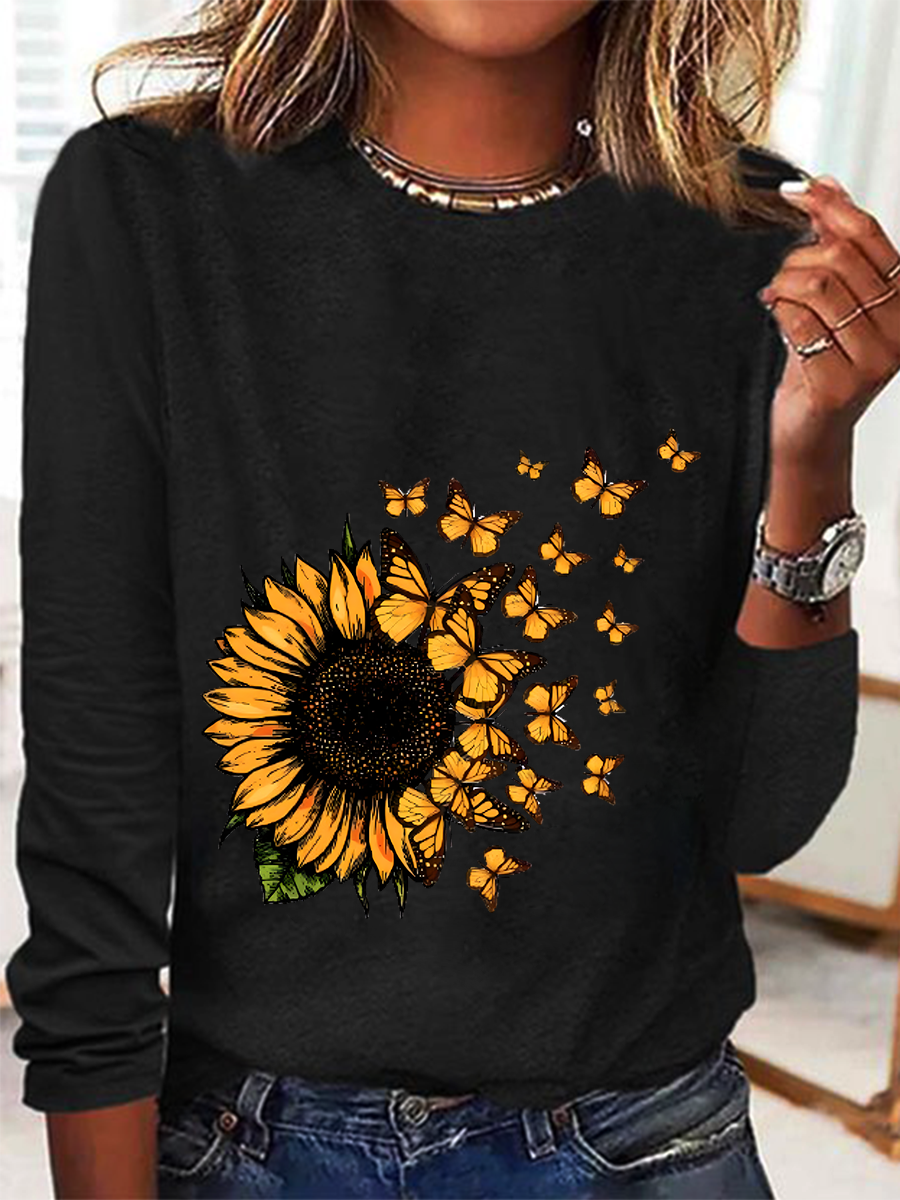 Cute Sunflower Butterfly Graphic Casual Long Sleeve Shirt