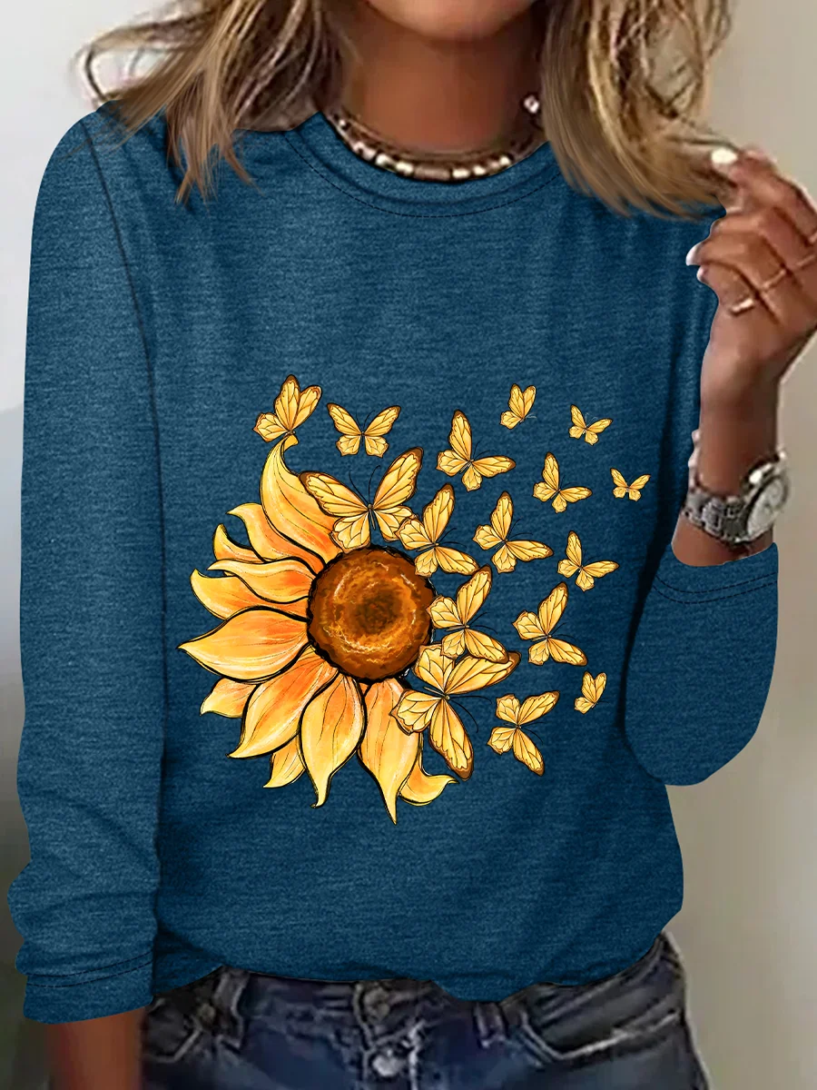 Sunflower Butterfly Casual Long Sleeve Shirt