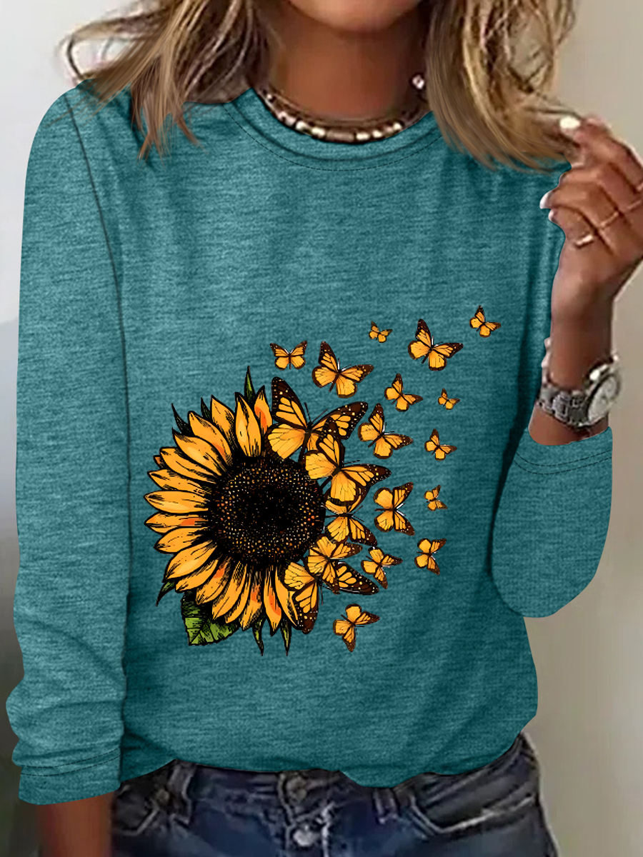 Cute Sunflower Butterfly Graphic Casual Long Sleeve Shirt