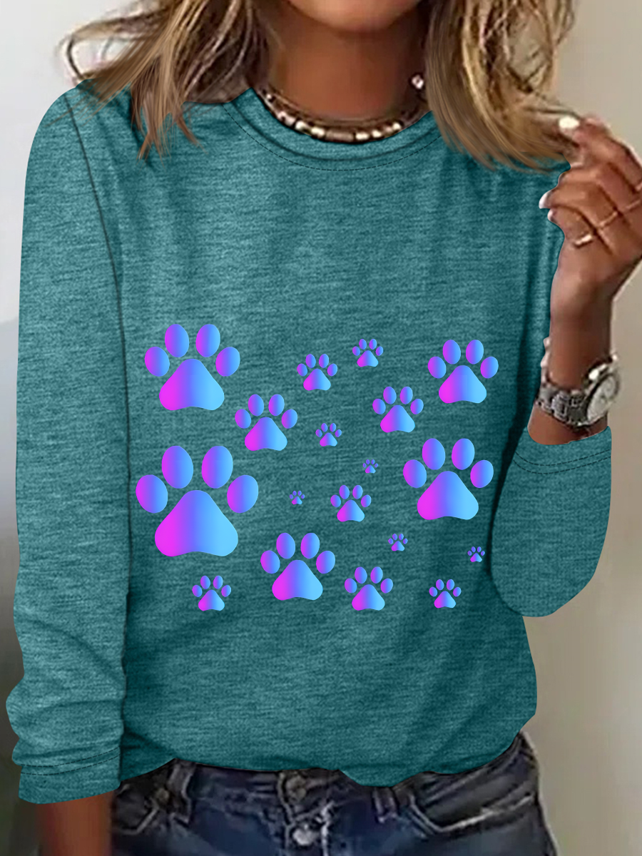 Purple Blue Ombre Pawprint Pattern Casual Long Sleeve Shirt