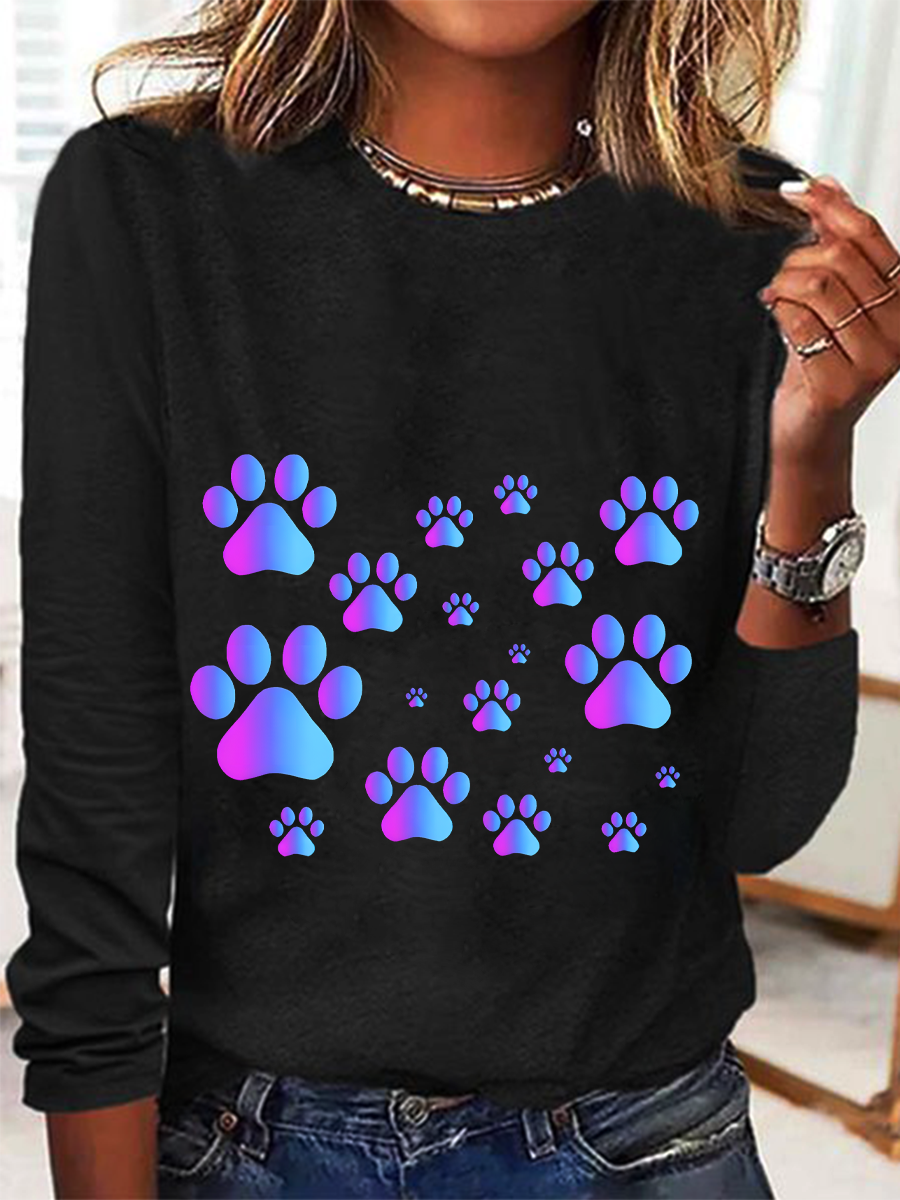 Purple Blue Ombre Pawprint Pattern Casual Long Sleeve Shirt