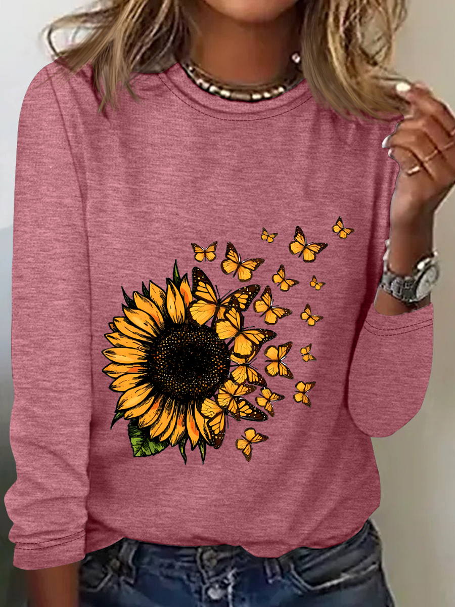 Cute Sunflower Butterfly Graphic Casual Long Sleeve Shirt