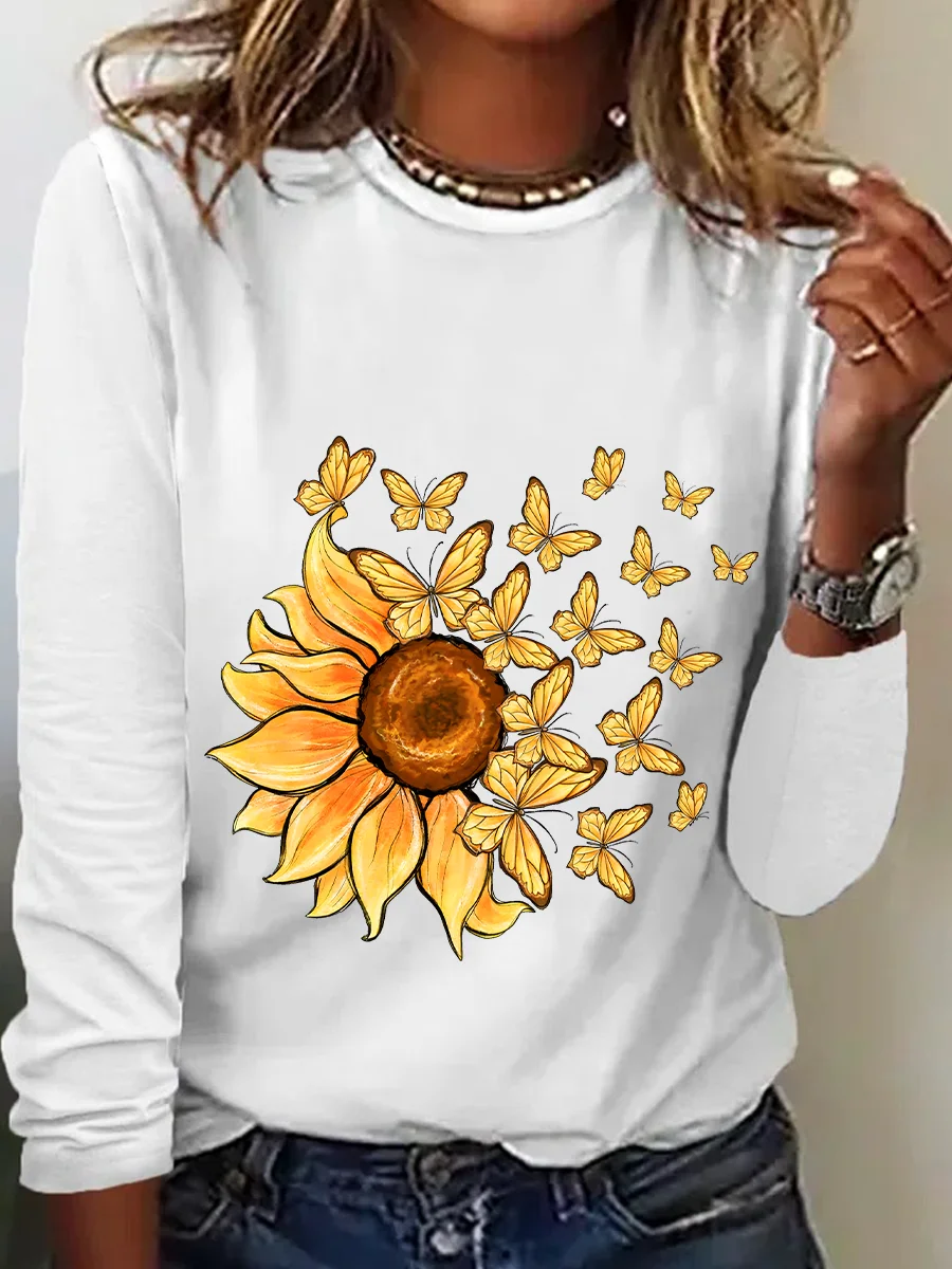 Sunflower Butterfly Casual Long Sleeve Shirt