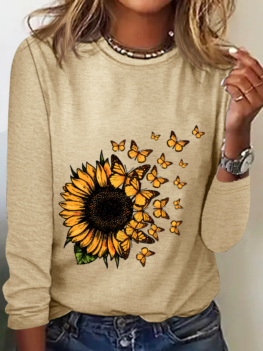 Cute Sunflower Butterfly Graphic Casual Long Sleeve Shirt