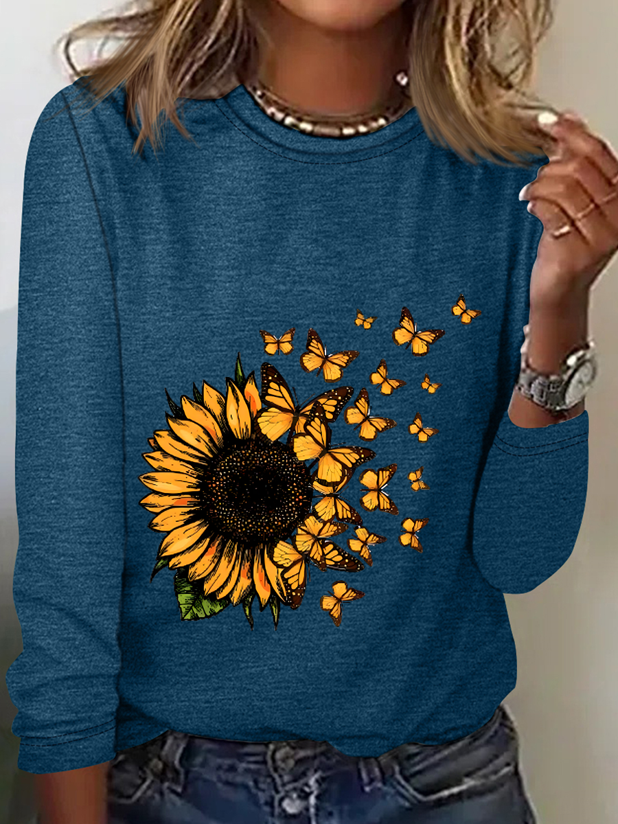 Cute Sunflower Butterfly Graphic Casual Long Sleeve Shirt