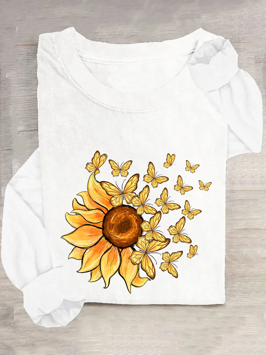 Sunflower Butterfly Casual Long Sleeve Shirt