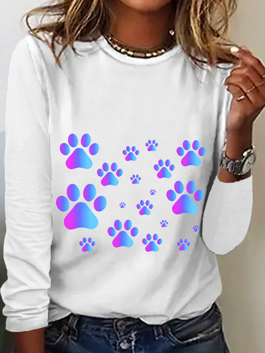 Purple Blue Ombre Pawprint Pattern Casual Long Sleeve Shirt