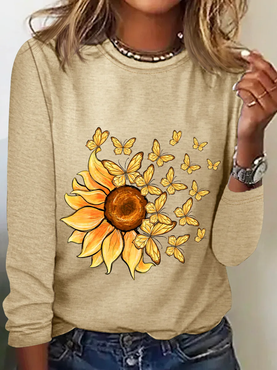 Sunflower Butterfly Casual Long Sleeve Shirt