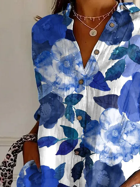 Women's Long Sleeve Shirt Spring/Fall Blue Floral Shirt Collar Daily Going Out Casual Top