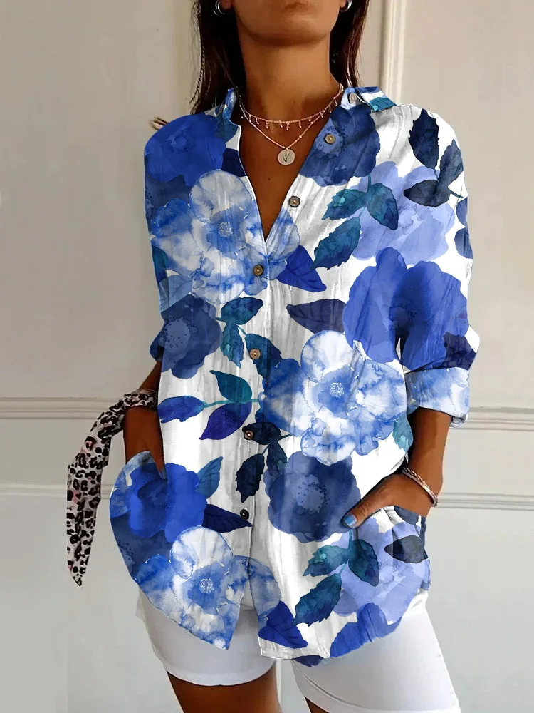 Women's Long Sleeve Shirt Spring/Fall Blue Floral Shirt Collar Daily Going Out Casual Top