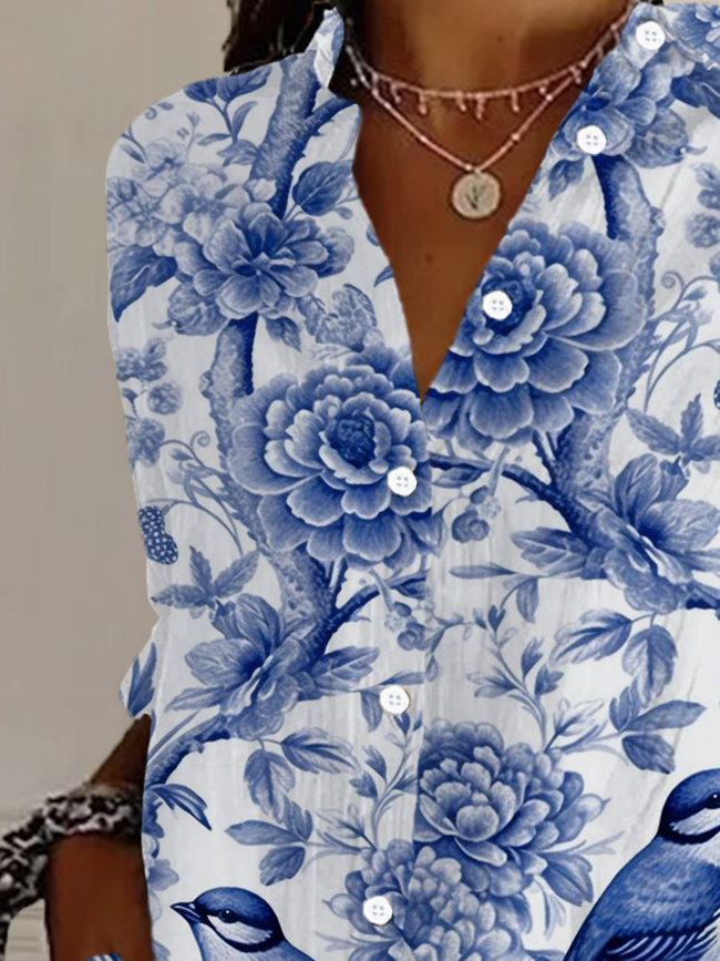 Women's Long Sleeve Shirt Spring/Fall Blue Floral Shirt Collar Daily Going Out Casual Top