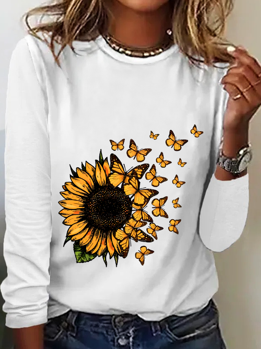 Cute Sunflower Butterfly Graphic Casual Long Sleeve Shirt