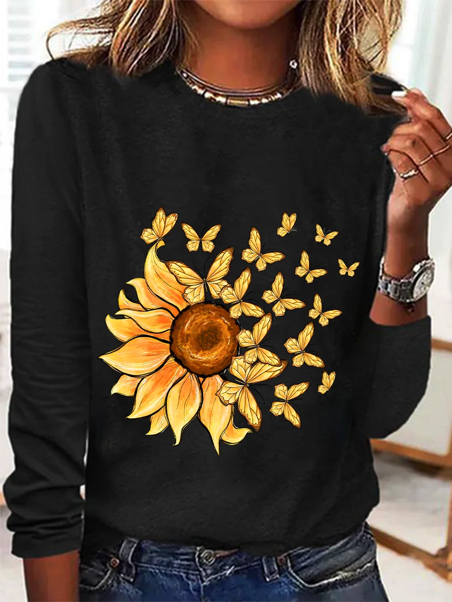 Sunflower Butterfly Casual Long Sleeve Shirt