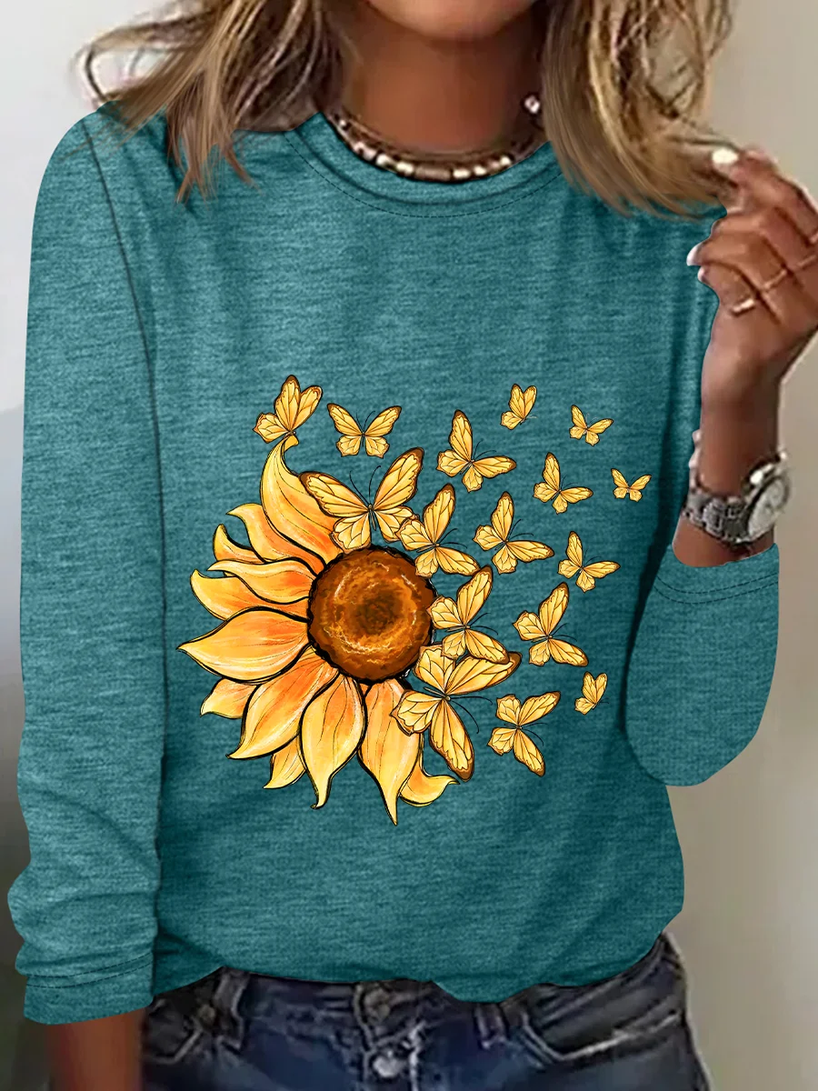 Sunflower Butterfly Casual Long Sleeve Shirt