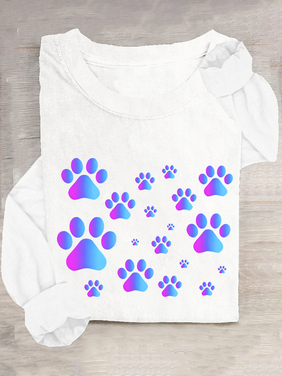 Purple Blue Ombre Pawprint Pattern Casual Long Sleeve Shirt