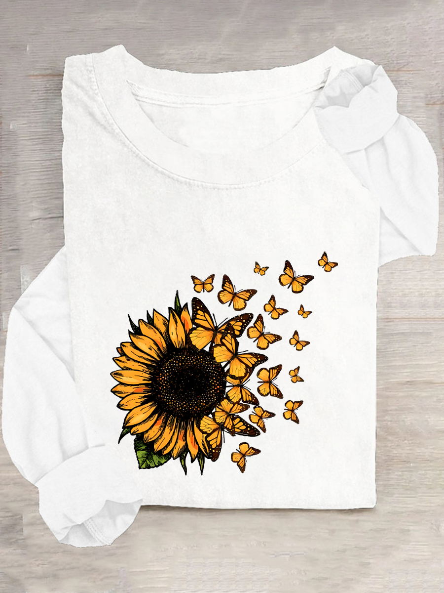 Cute Sunflower Butterfly Graphic Casual Long Sleeve Shirt