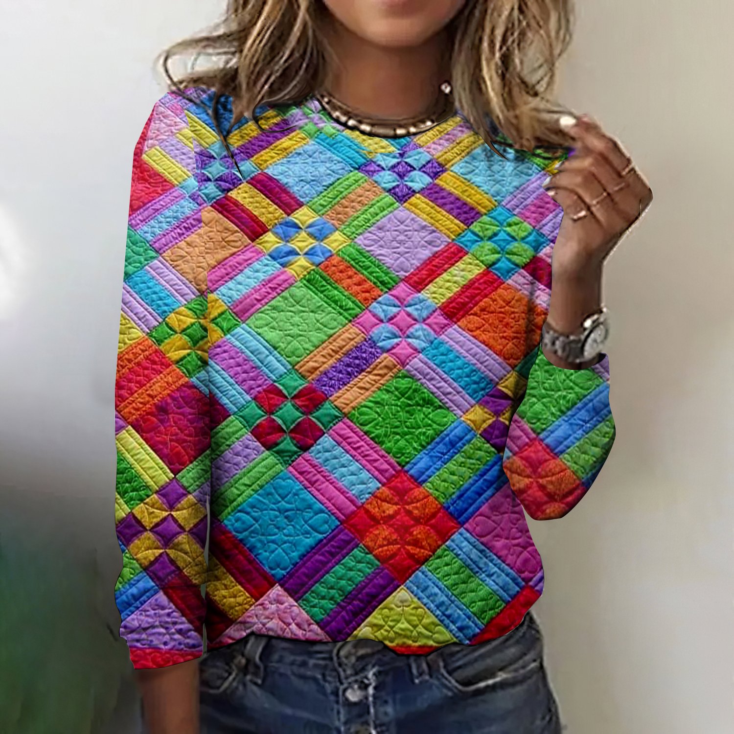 Colorful geometric grid casual long sleeved T-shirt