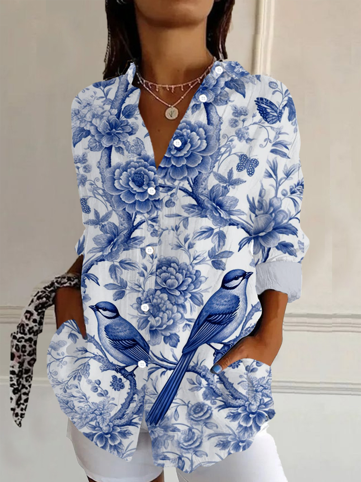 Women's Long Sleeve Shirt Spring/Fall Blue Floral Shirt Collar Daily Going Out Casual Top