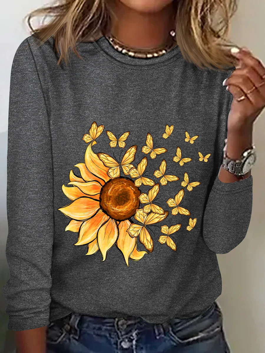 Sunflower Butterfly Casual Long Sleeve Shirt