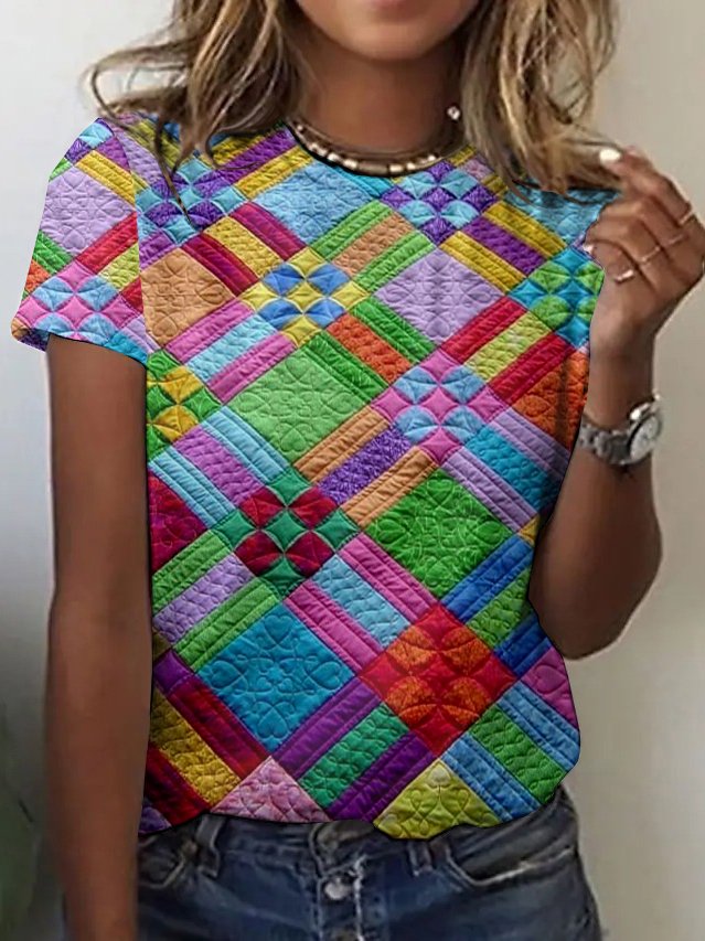 Multi colored geometric grid short sleeved T-shirt