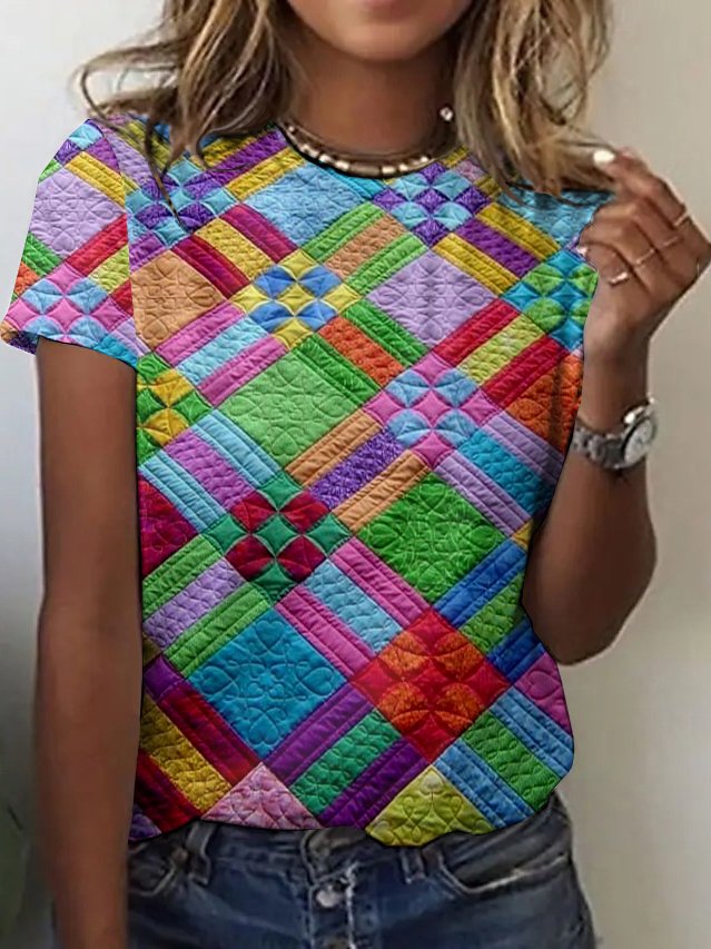 Multi colored geometric grid short sleeved T-shirt