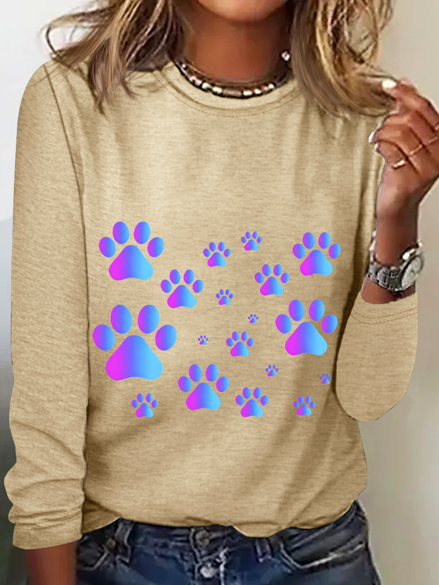 Purple Blue Ombre Pawprint Pattern Casual Long Sleeve Shirt