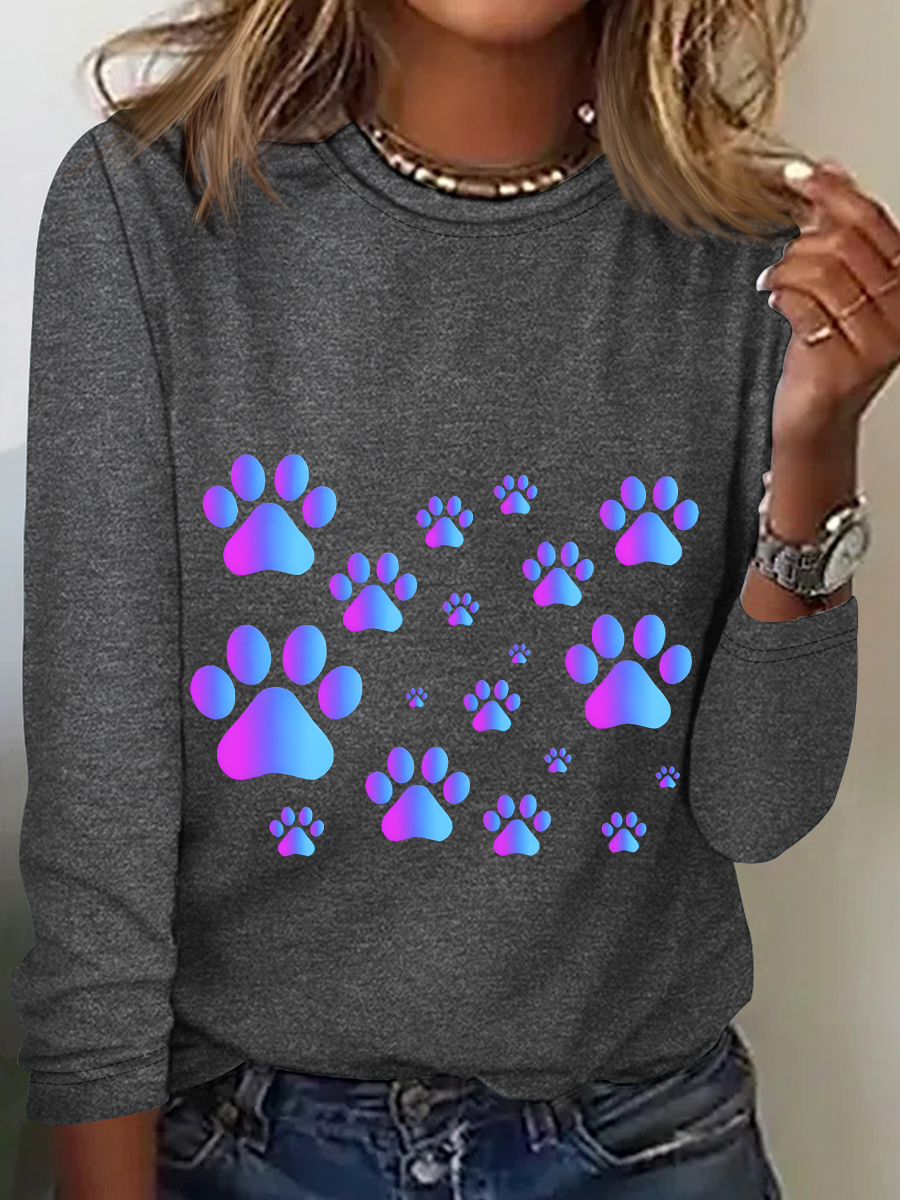 Purple Blue Ombre Pawprint Pattern Casual Long Sleeve Shirt